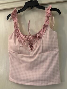 Blogilates Ruffle Lace-Up Tank (Pink Gingham)
